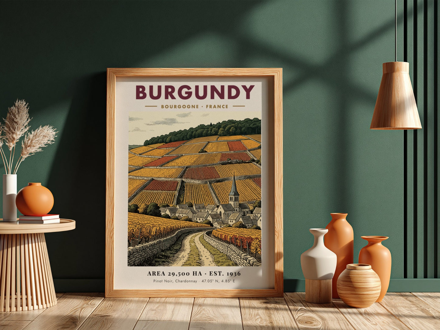 Poster featuring a detailed Burgundy vineyard landscape with stone walls and village church.