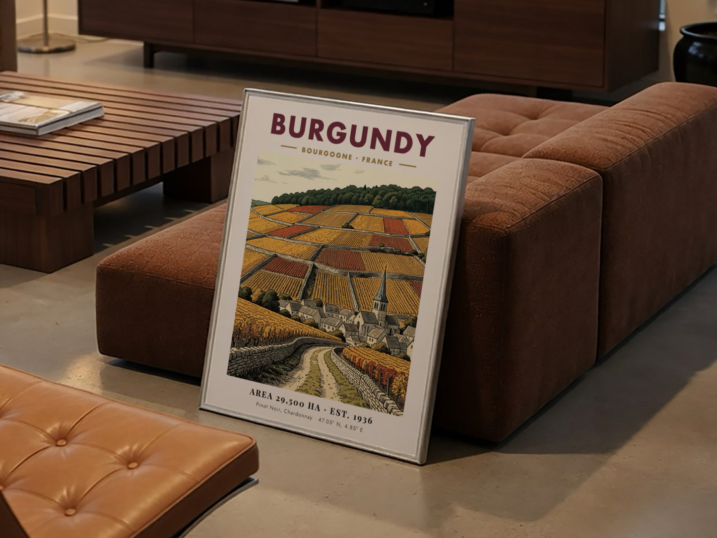 Poster featuring a detailed Burgundy vineyard landscape with stone walls and village church.