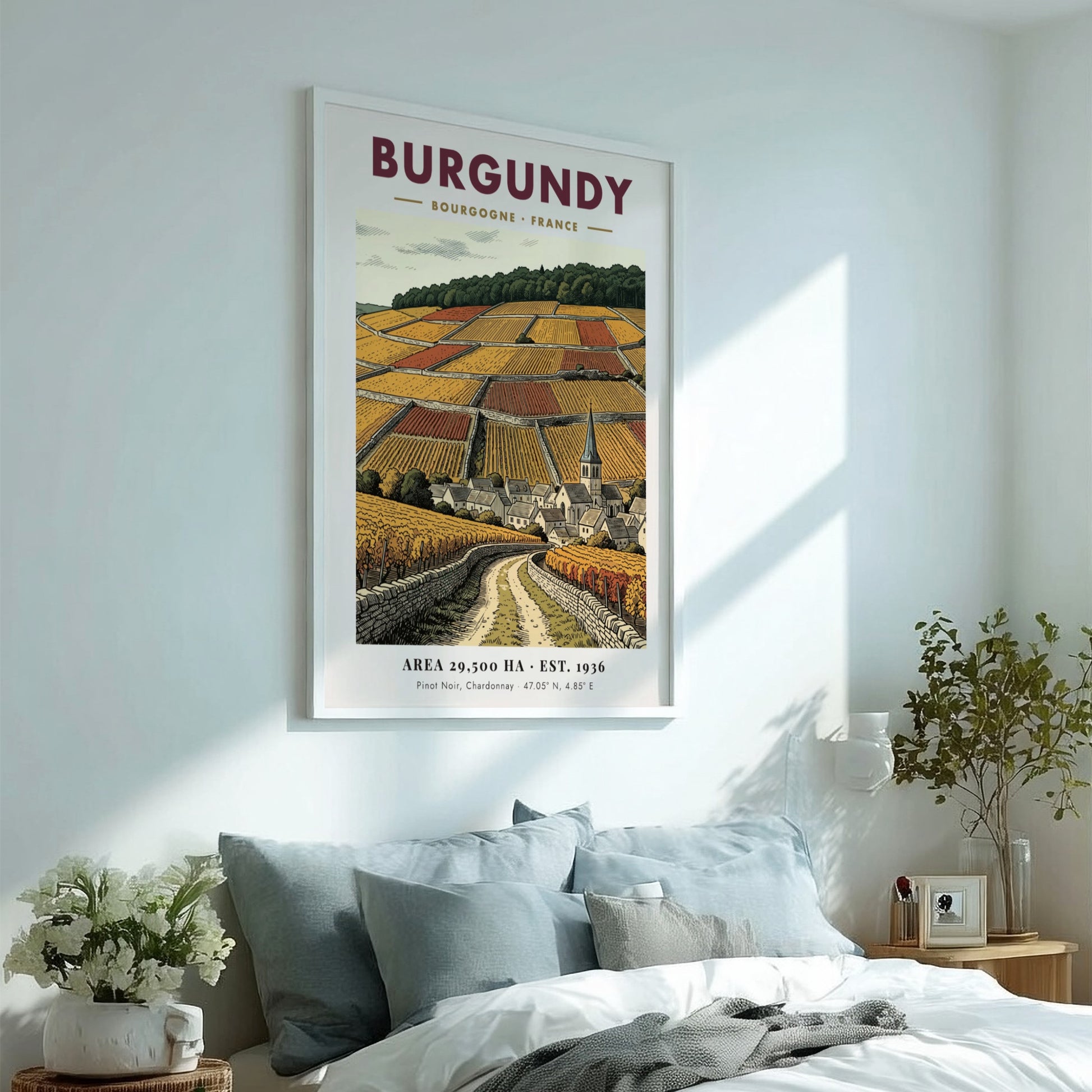 Poster featuring a detailed Burgundy vineyard landscape with stone walls and village church.