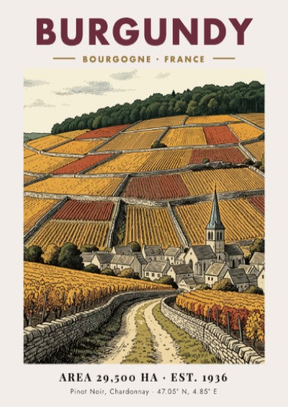 Poster featuring a detailed Burgundy vineyard landscape with stone walls and village church.