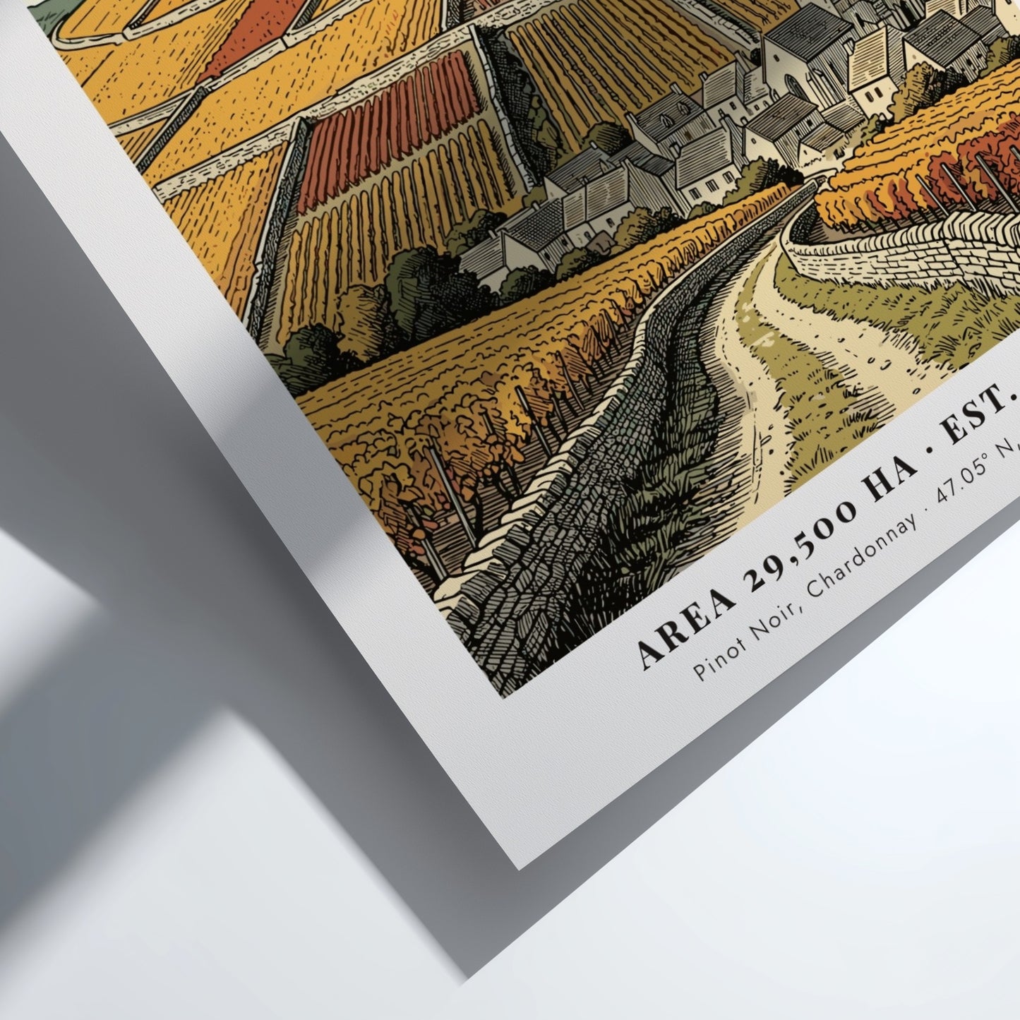Poster featuring a detailed Burgundy vineyard landscape with stone walls and village church.