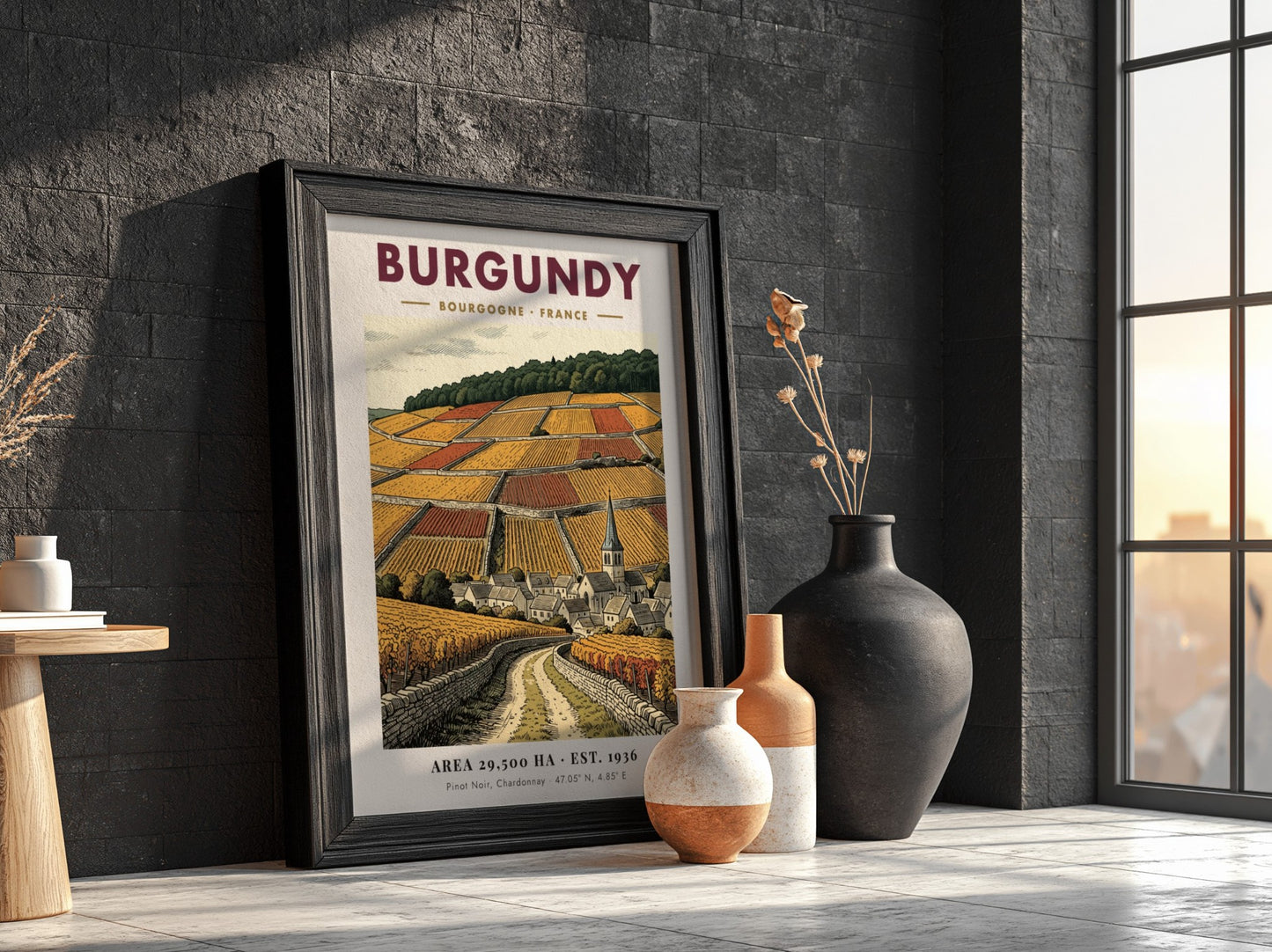 Poster featuring a detailed Burgundy vineyard landscape with stone walls and village church.