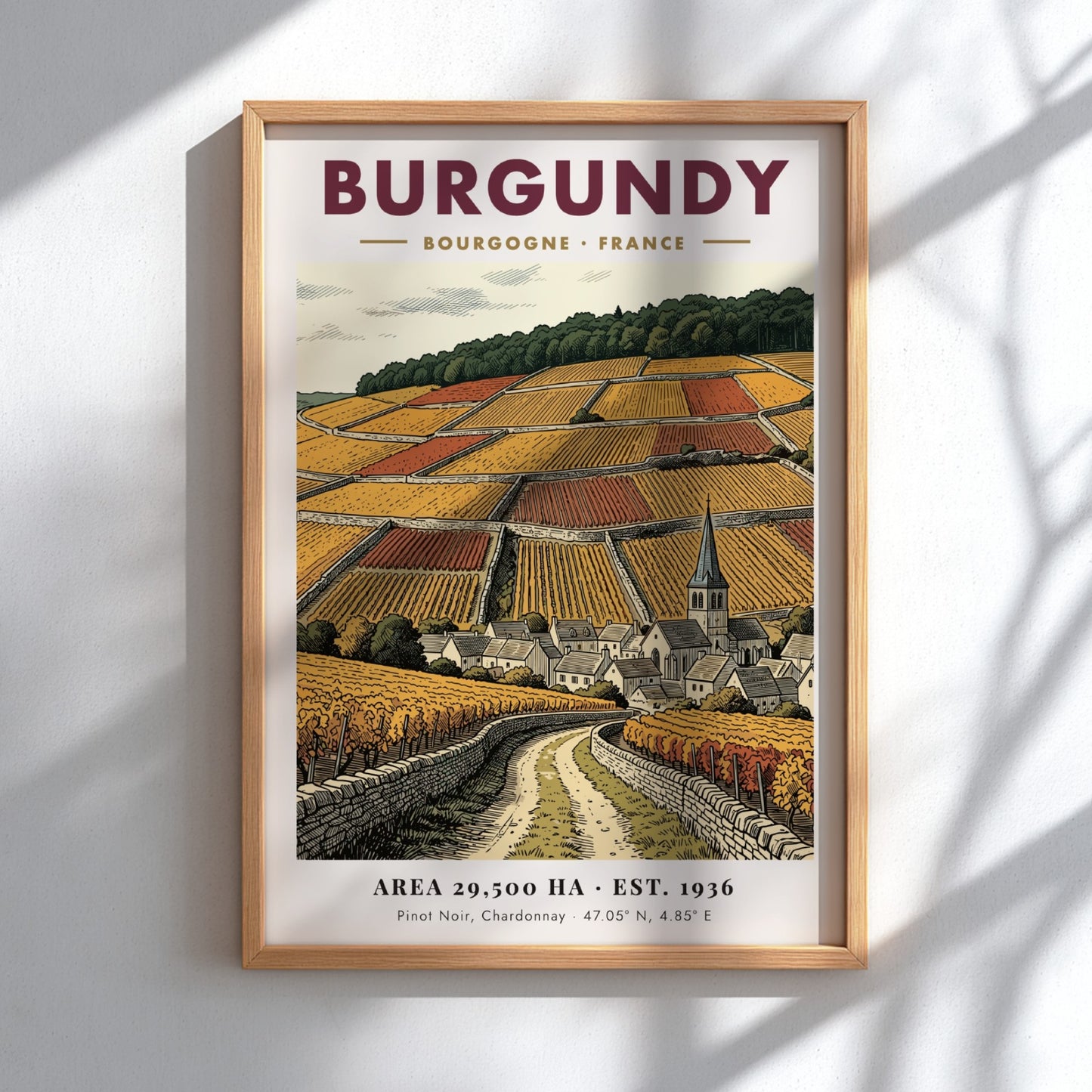 Poster featuring a detailed Burgundy vineyard landscape with stone walls and village church.