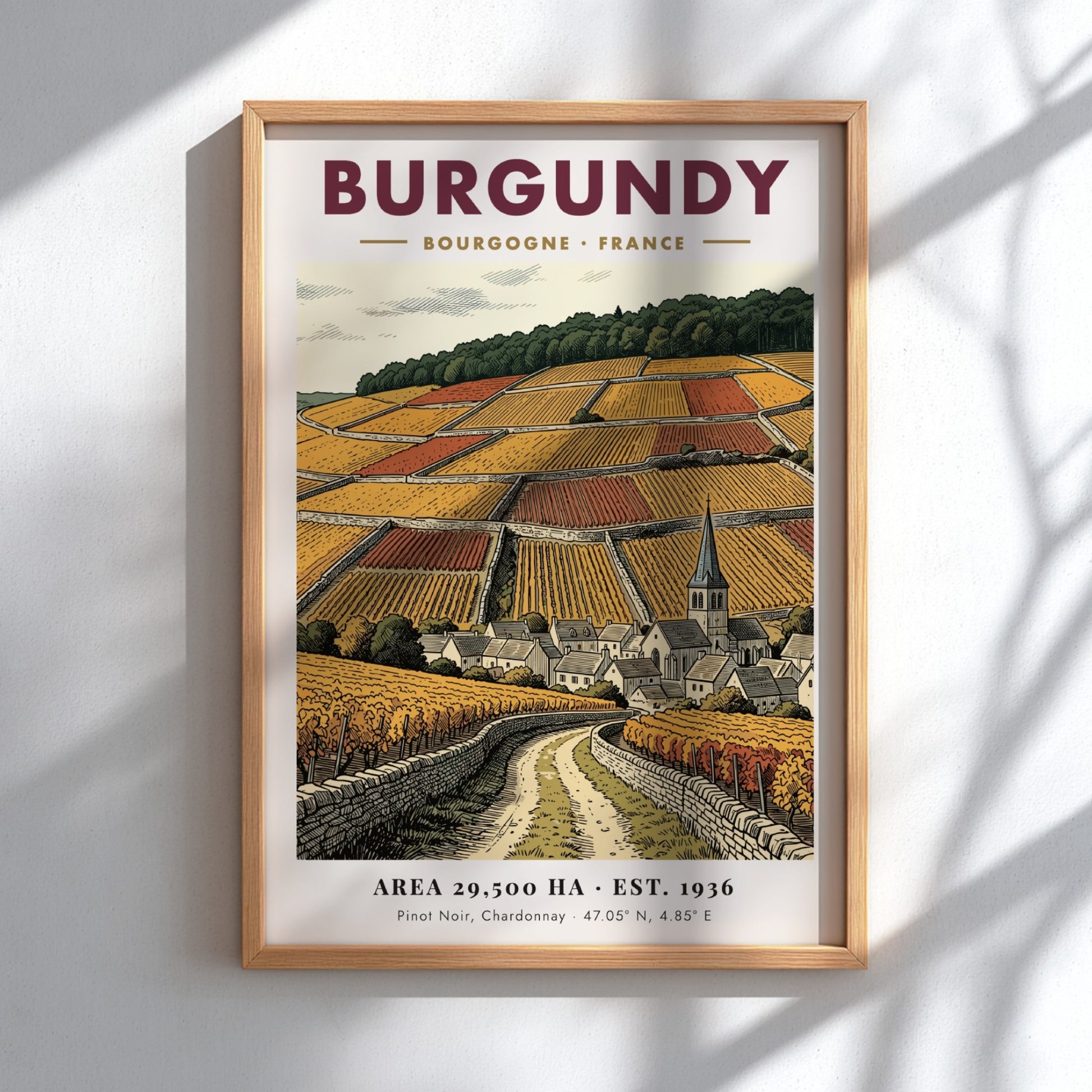 Poster featuring a detailed Burgundy vineyard landscape with stone walls and village church.