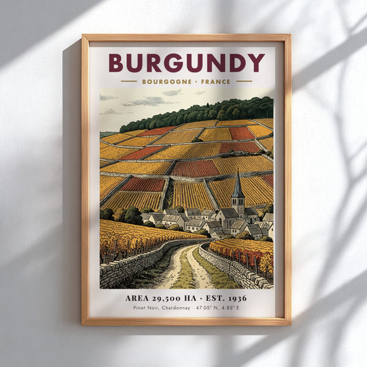 Poster featuring a detailed Burgundy vineyard landscape with stone walls and village church.