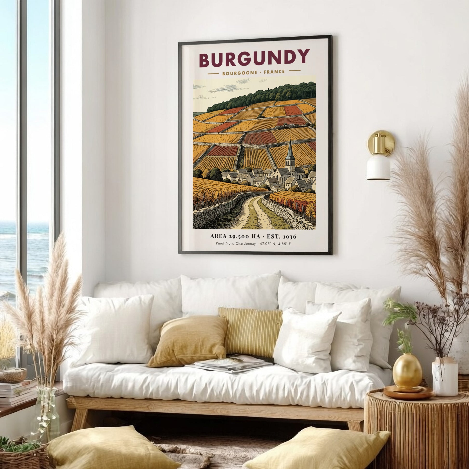 Poster featuring a detailed Burgundy vineyard landscape with stone walls and village church.