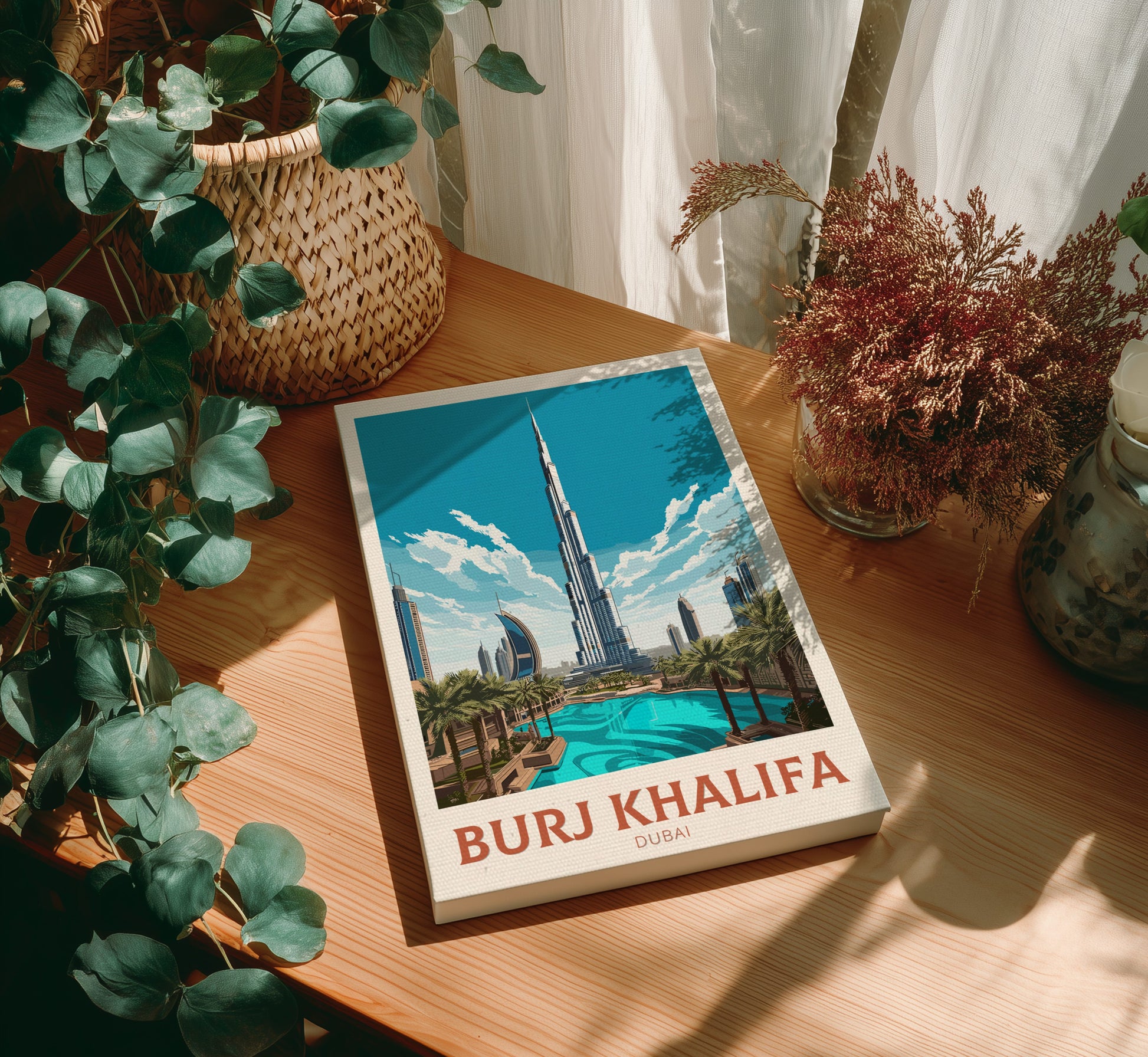 canvas 'Burj Khalifa' on a wooden table with plants around