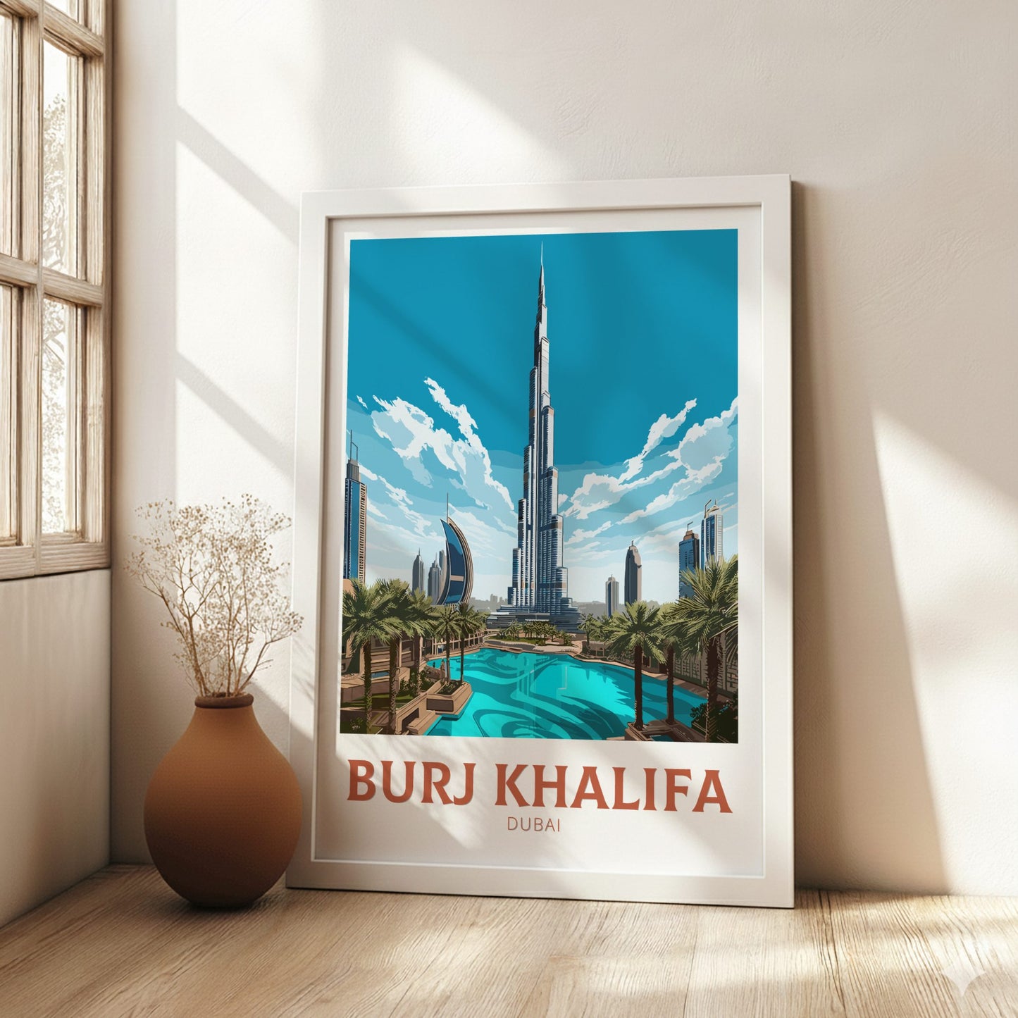 Framed poster of Burj Khalifa in a room with a vase and window.
