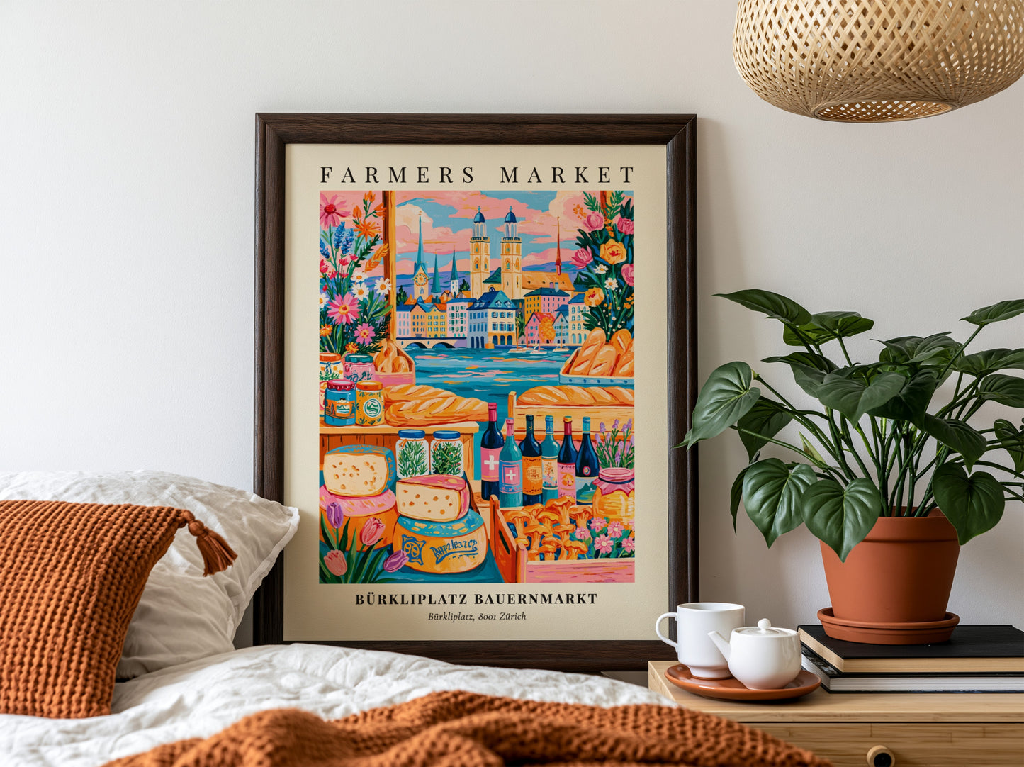 Farmers market poster featuring vibrant colors and Zürich cityscape