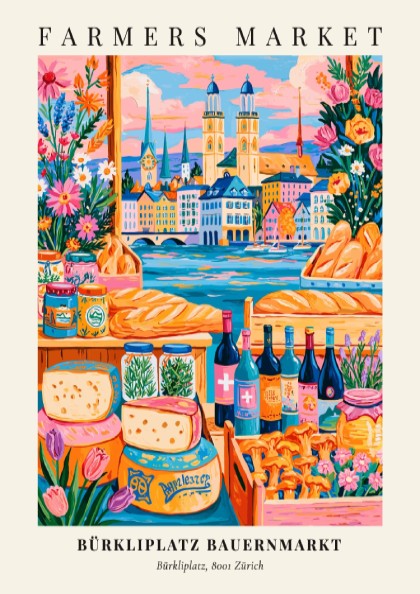 Farmers market poster featuring vibrant colors and Zürich cityscape