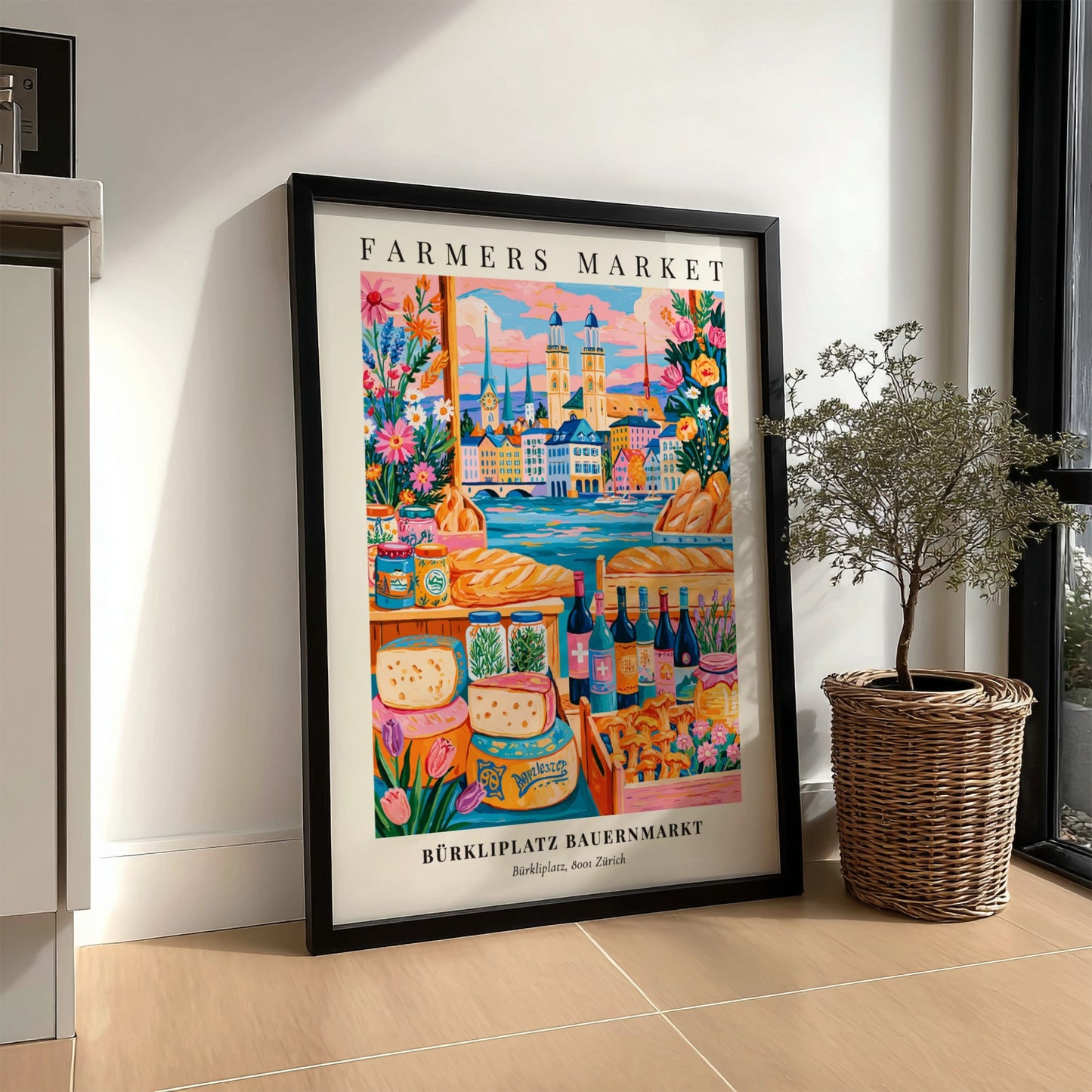 Farmers market poster featuring vibrant colors and Zürich cityscape