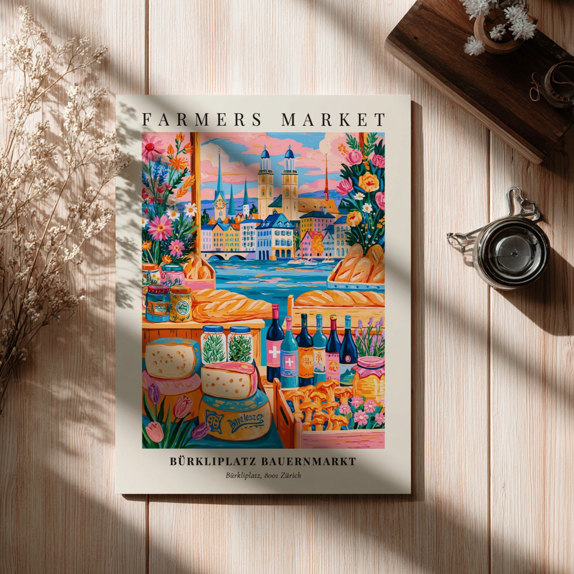 Farmers market poster featuring vibrant colors and Zürich cityscape