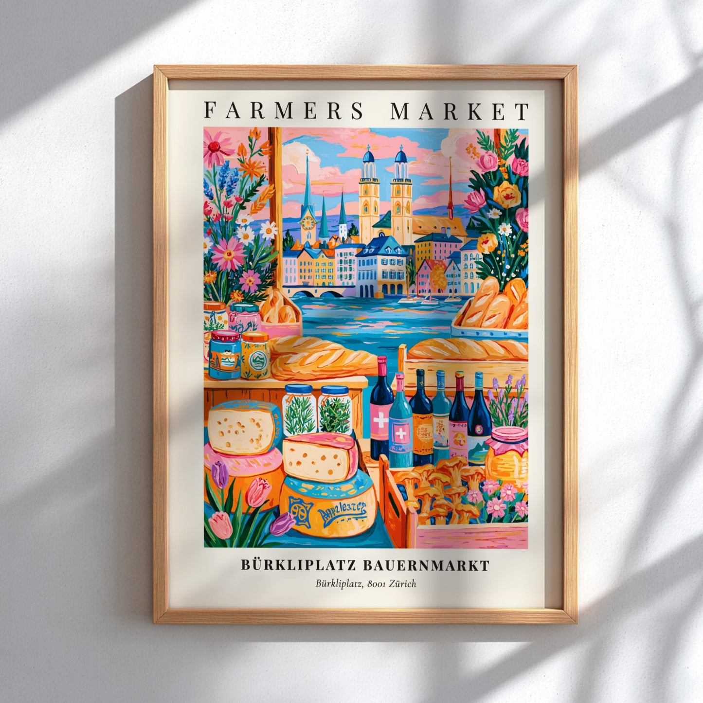 Farmers market poster featuring vibrant colors and Zürich cityscape