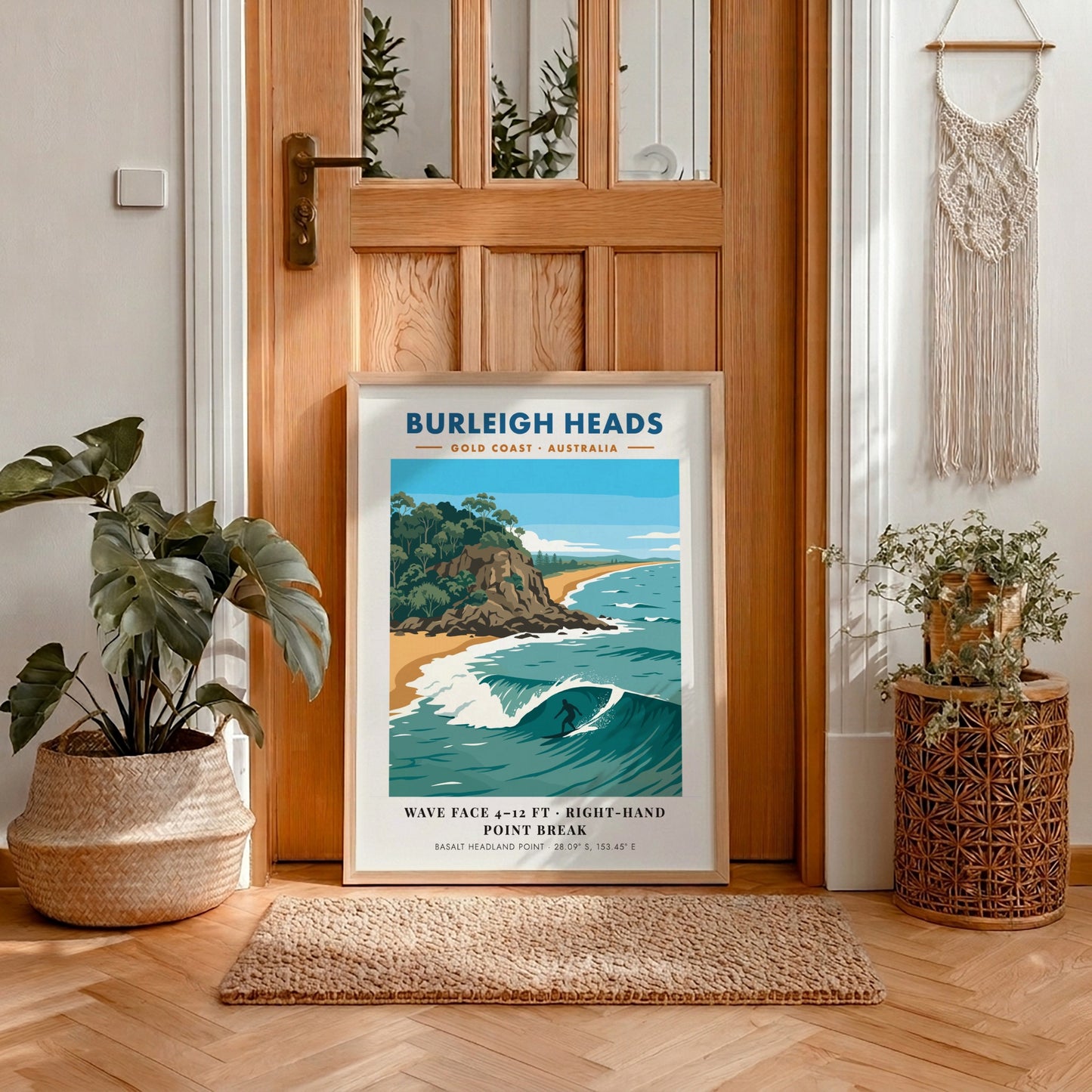 Burleigh Heads surf poster showing a lone surfer on a wave near headlands