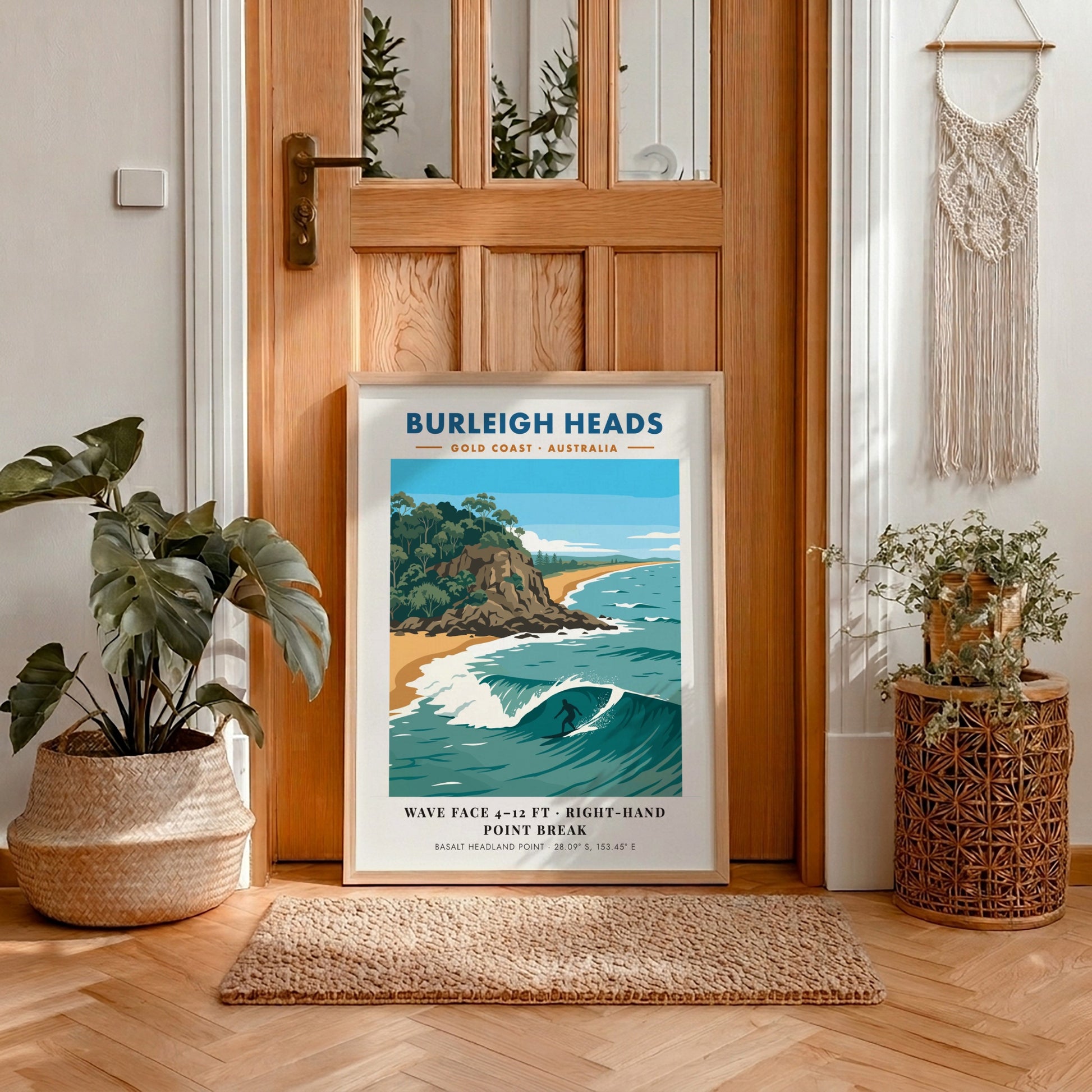 Burleigh Heads surf poster showing a lone surfer on a wave near headlands