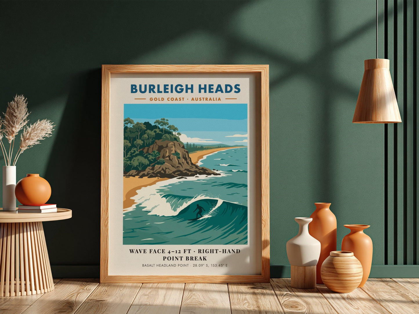 Burleigh Heads surf poster showing a lone surfer on a wave near headlands