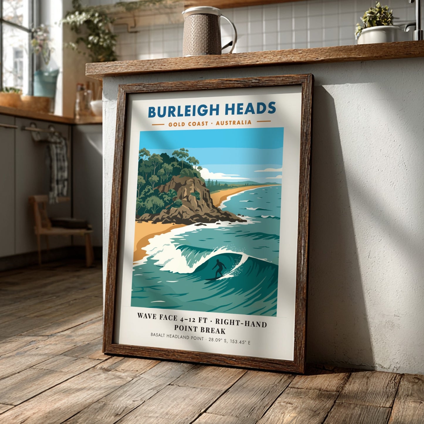 Burleigh Heads surf poster showing a lone surfer on a wave near headlands