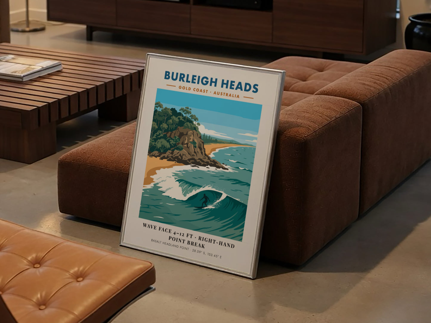 Burleigh Heads surf poster showing a lone surfer on a wave near headlands