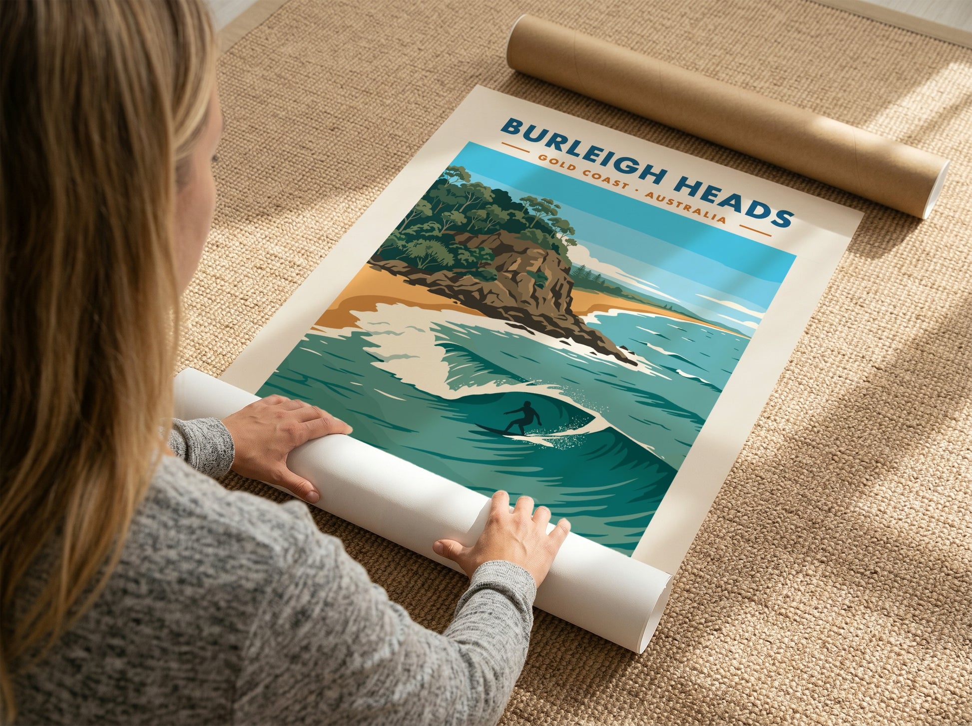 Burleigh Heads surf poster showing a lone surfer on a wave near headlands