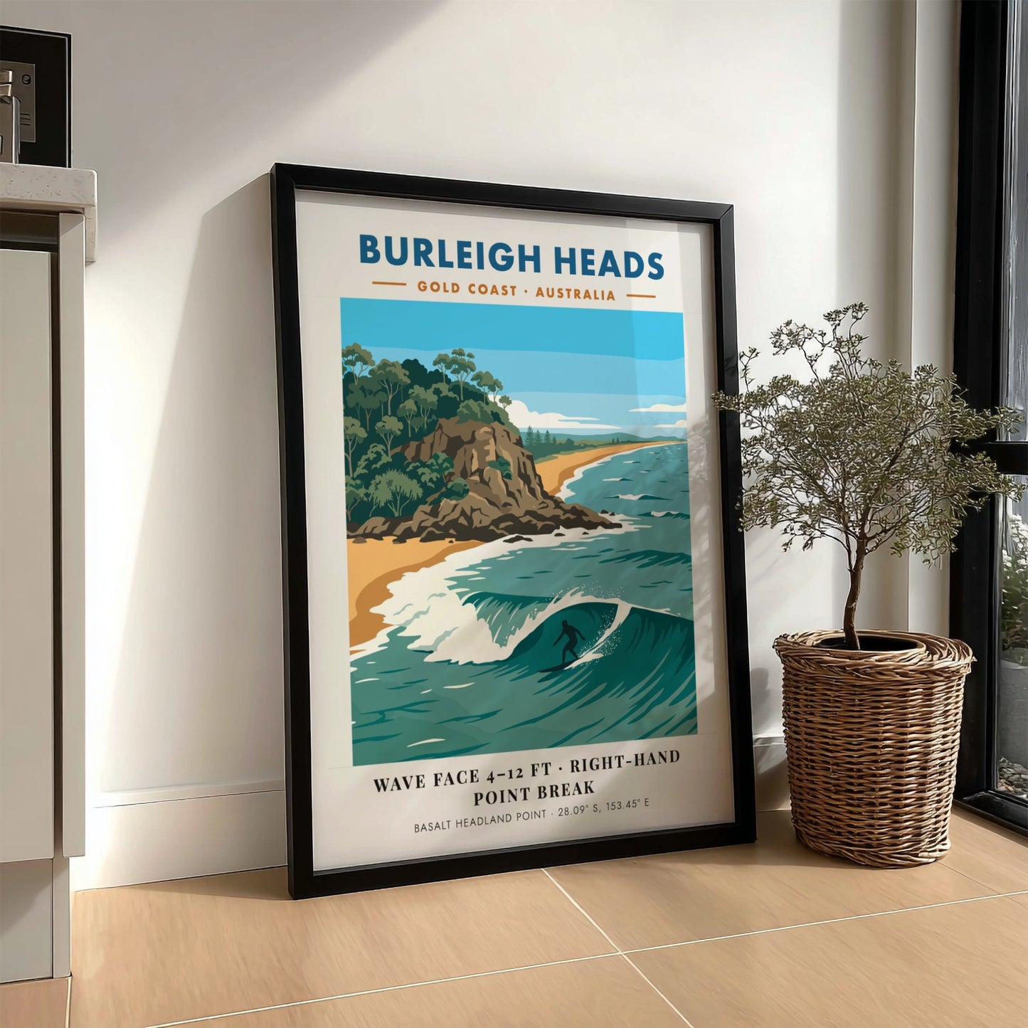 Burleigh Heads surf poster showing a lone surfer on a wave near headlands