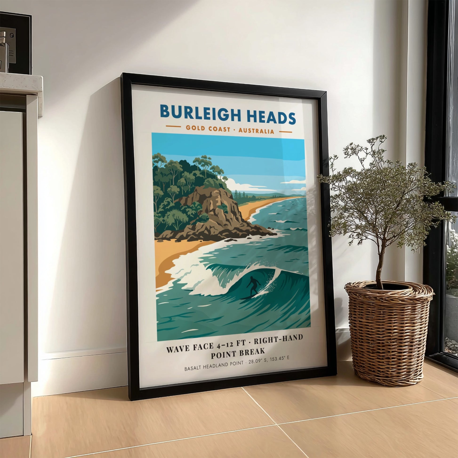 Burleigh Heads surf poster showing a lone surfer on a wave near headlands