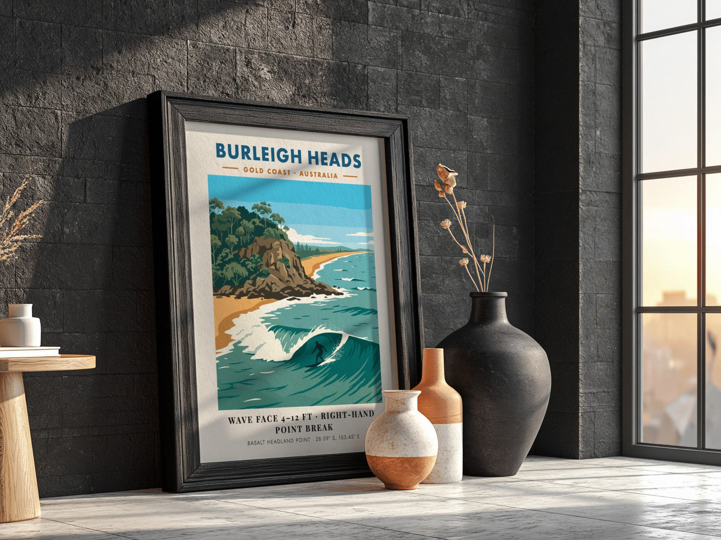 Burleigh Heads surf poster showing a lone surfer on a wave near headlands
