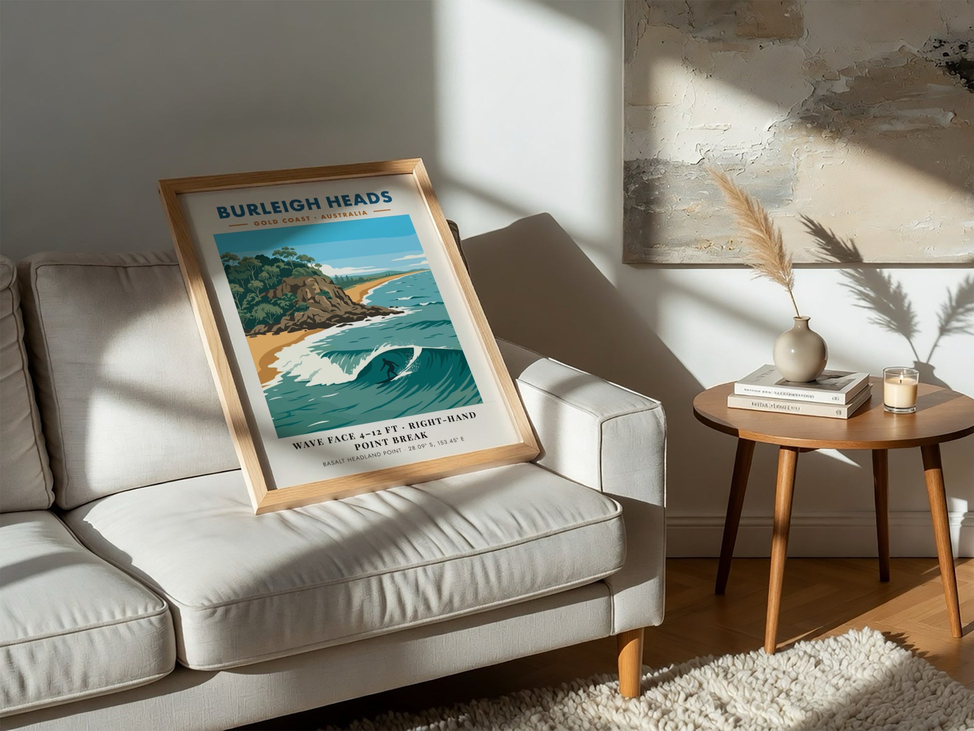 Burleigh Heads surf poster showing a lone surfer on a wave near headlands