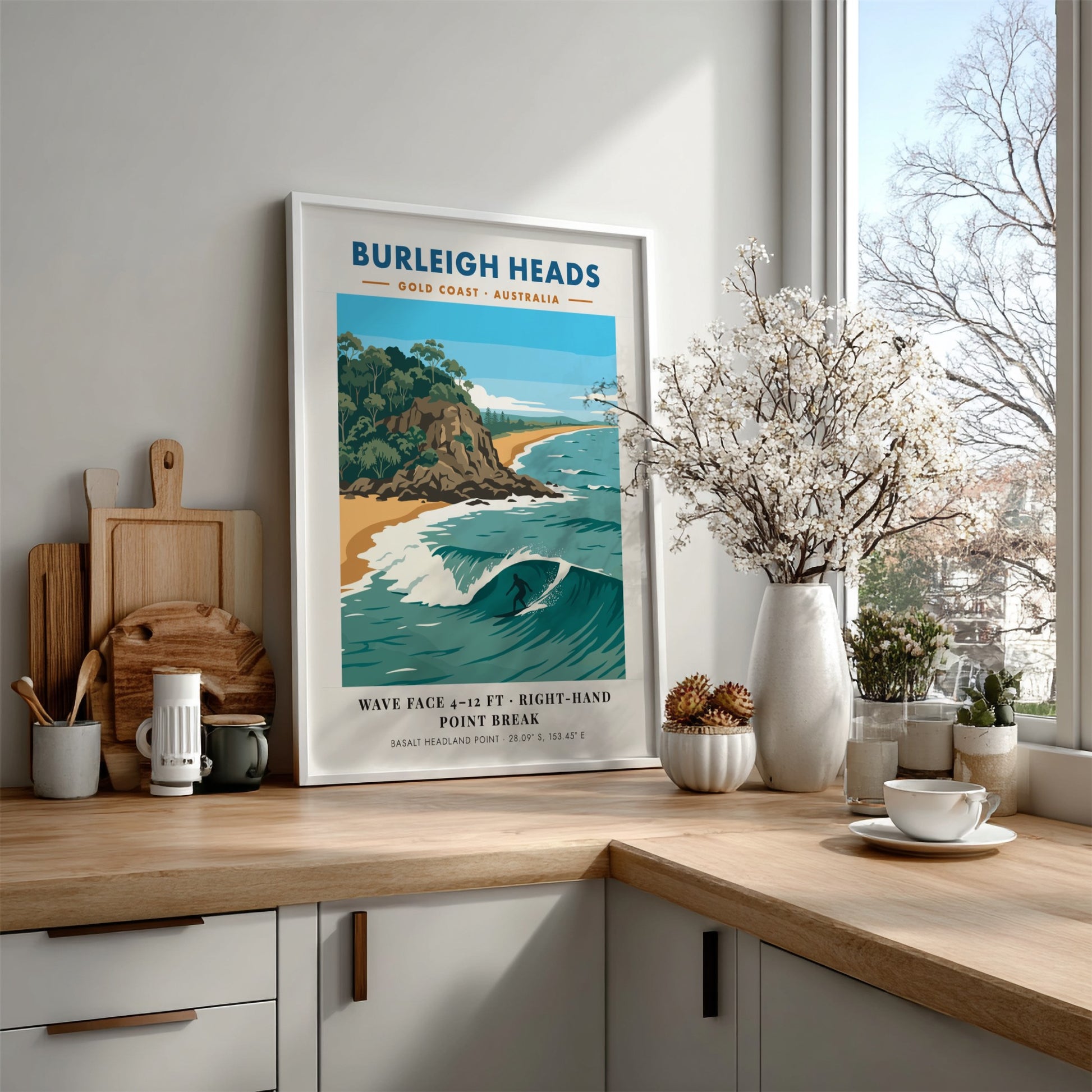 Burleigh Heads surf poster showing a lone surfer on a wave near headlands