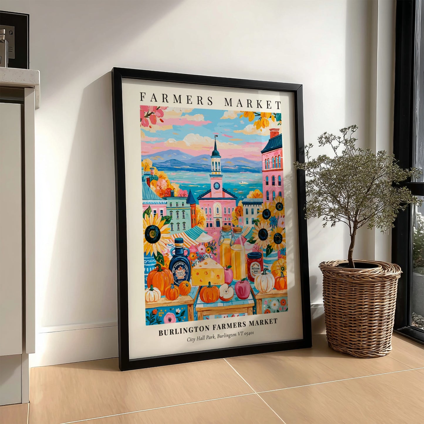 Burlington Farmers Market poster featuring colorful pumpkins and city backdrop in warm tones