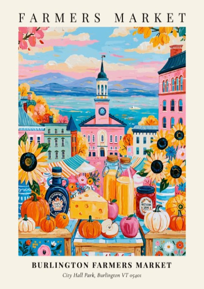 Burlington Farmers Market poster featuring colorful pumpkins and city backdrop in warm tones