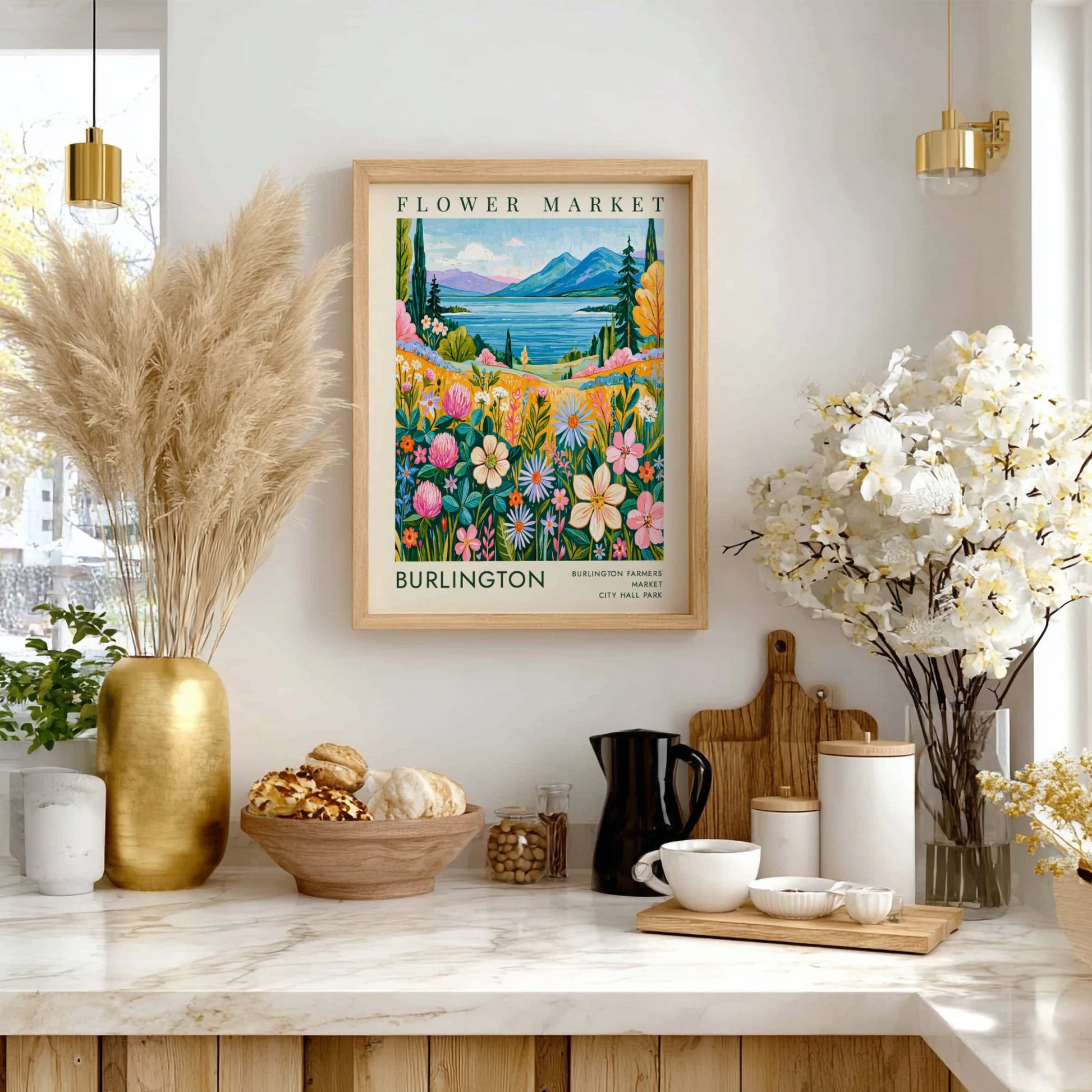 Flower market poster featuring colorful blooms, serene lake, and mountains in vibrant style