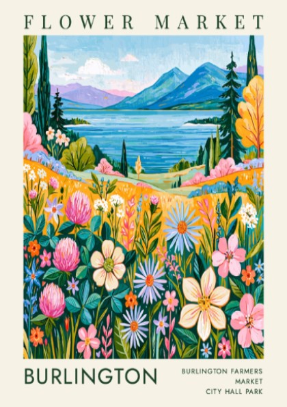 Flower market poster featuring colorful blooms, serene lake, and mountains in vibrant style