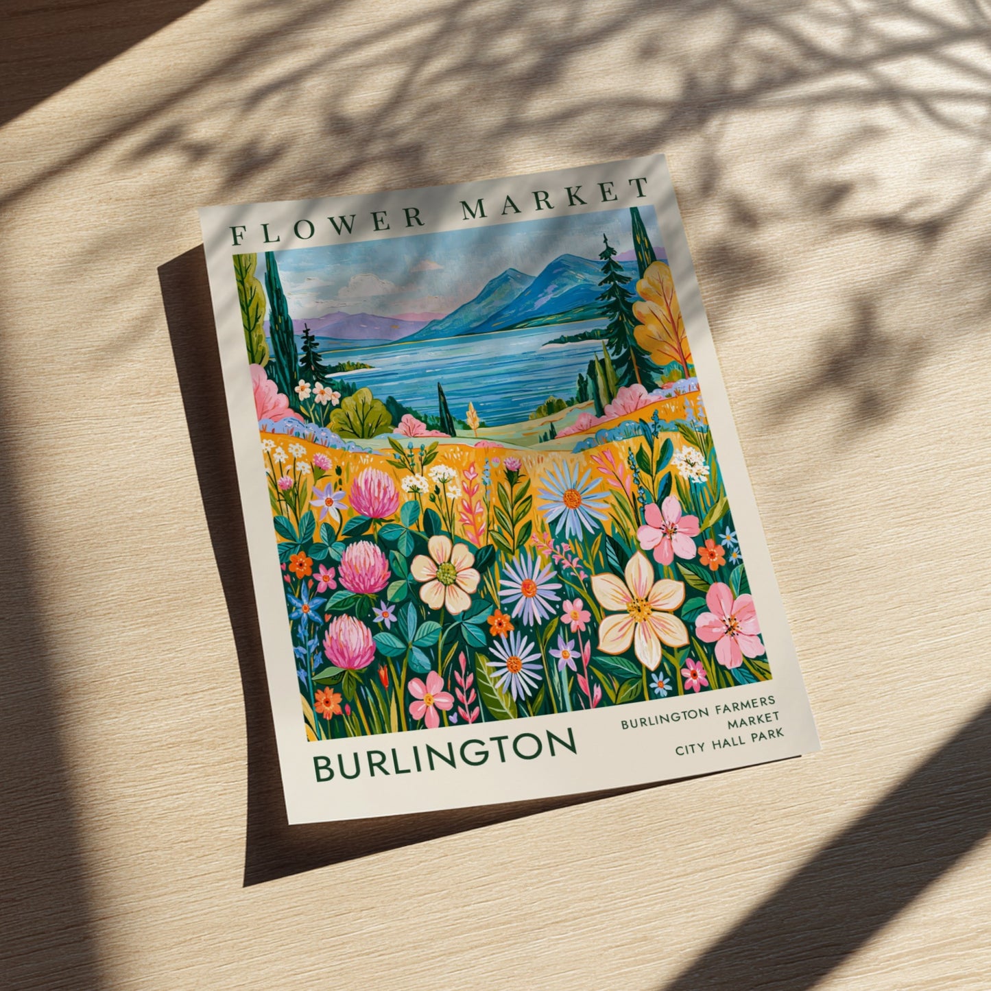 Flower market poster featuring colorful blooms, serene lake, and mountains in vibrant style