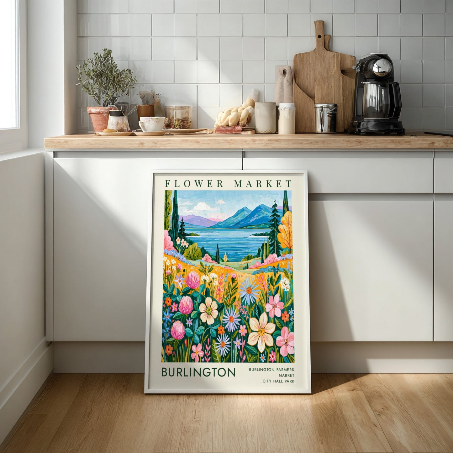 Flower market poster featuring colorful blooms, serene lake, and mountains in vibrant style