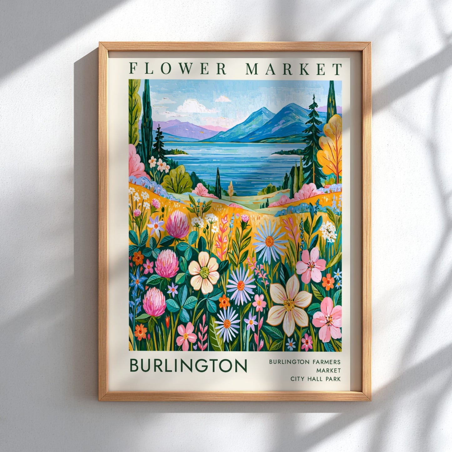 Flower market poster featuring colorful blooms, serene lake, and mountains in vibrant style