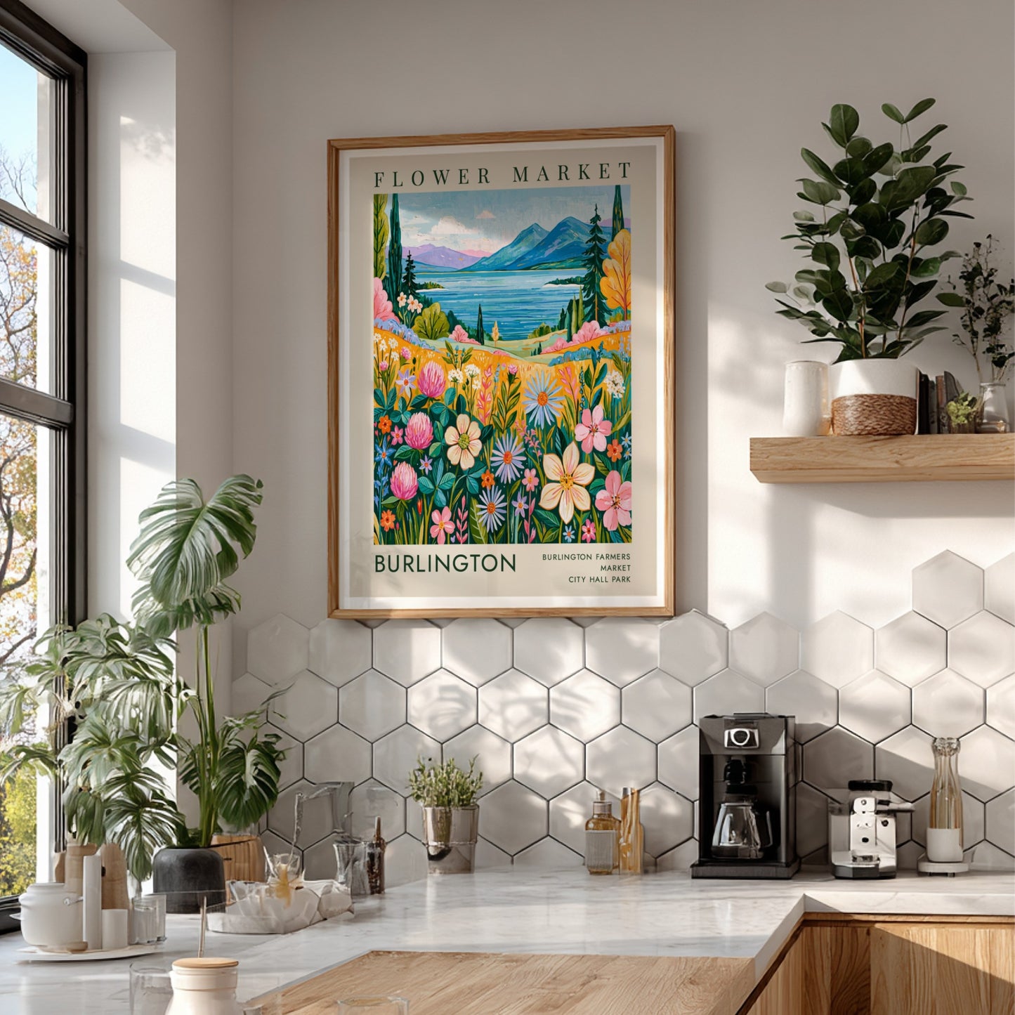 Flower market poster featuring colorful blooms, serene lake, and mountains in vibrant style