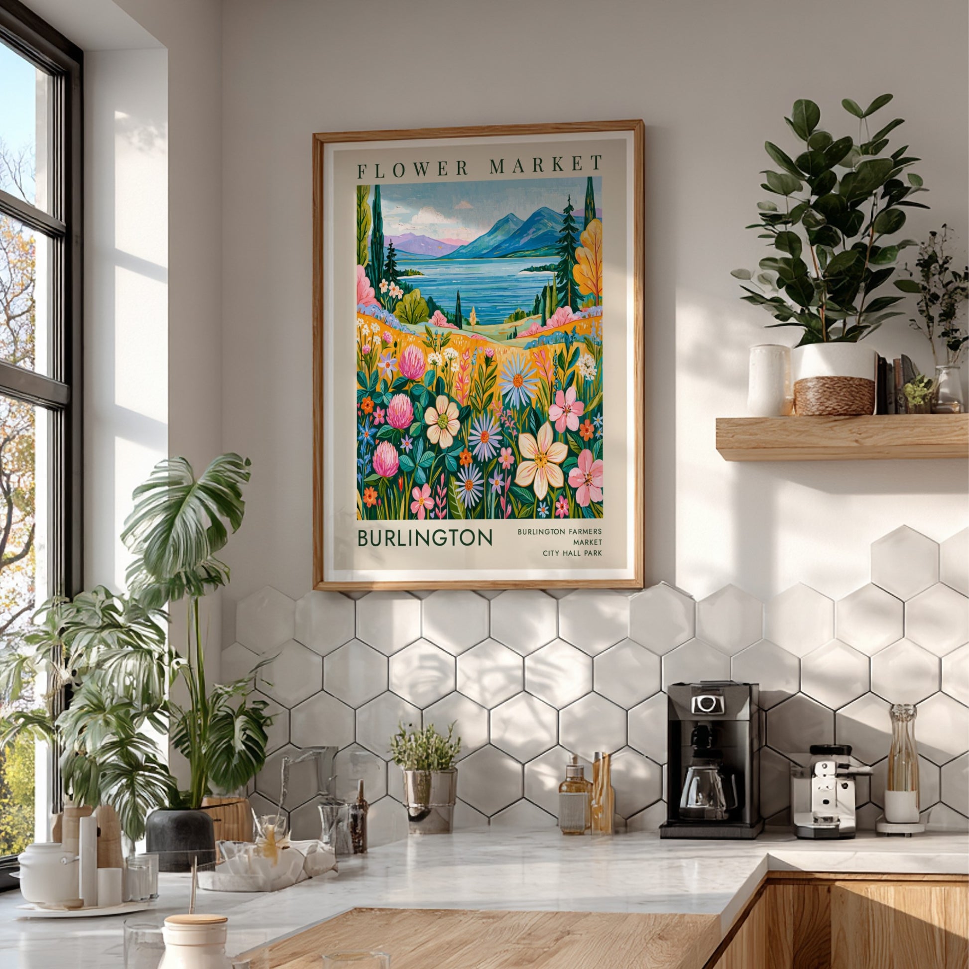 Flower market poster featuring colorful blooms, serene lake, and mountains in vibrant style