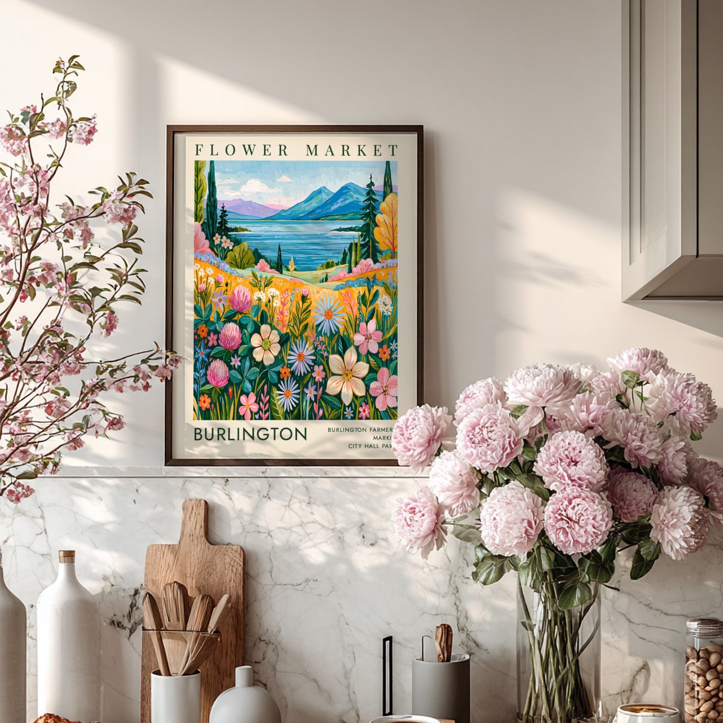 Flower market poster featuring colorful blooms, serene lake, and mountains in vibrant style
