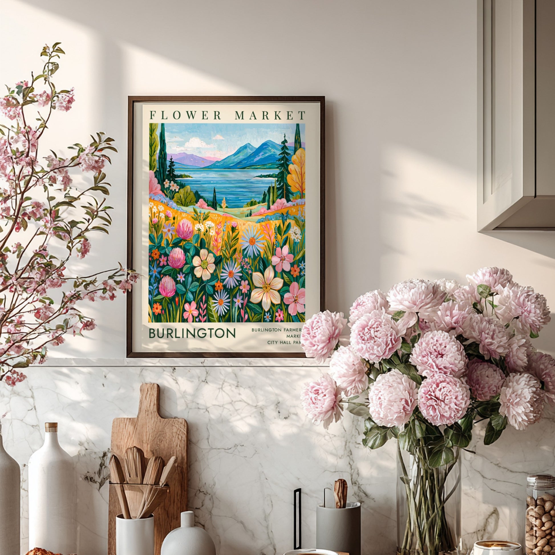 Flower market poster featuring colorful blooms, serene lake, and mountains in vibrant style