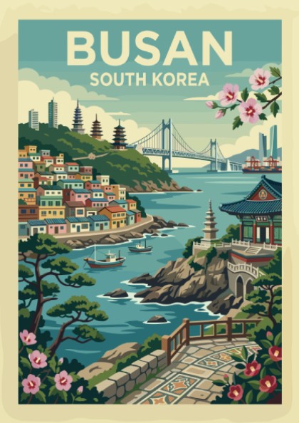 Busan South Korea travel poster featuring a colorful coastal city scene in a vintage art style.