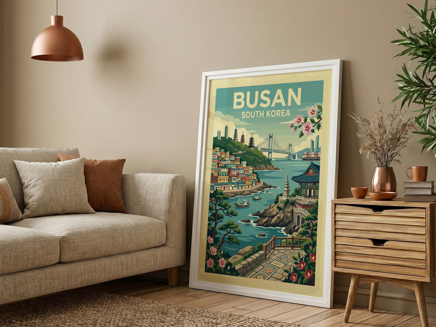 Busan South Korea travel poster featuring a colorful coastal city scene in a vintage art style.