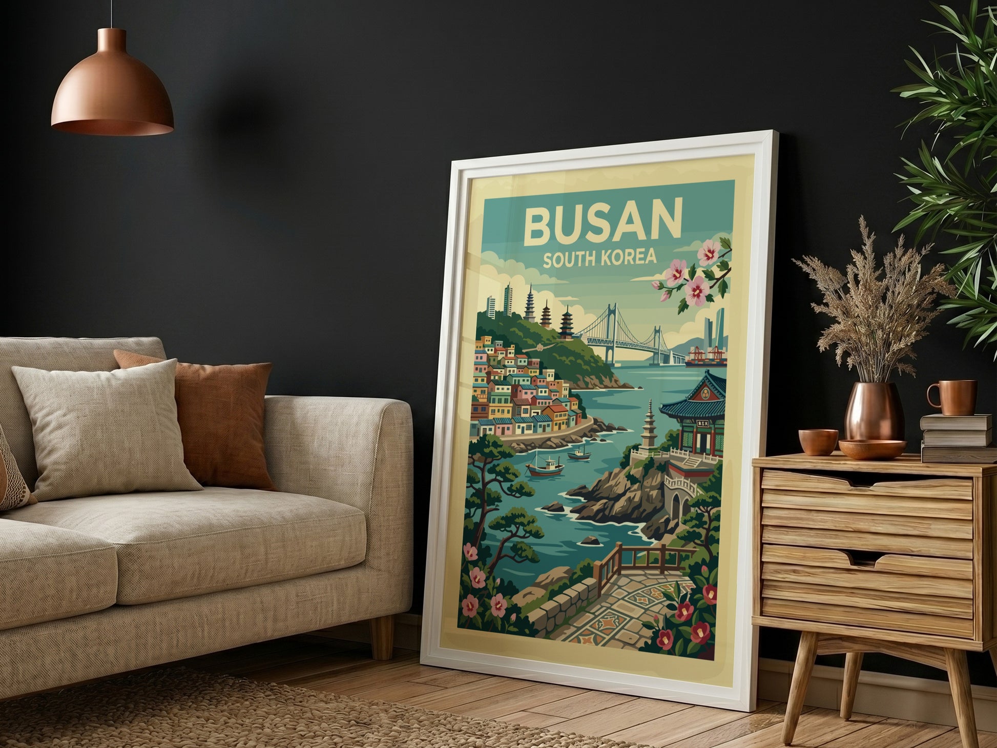 Busan South Korea travel poster featuring a colorful coastal city scene in a vintage art style.
