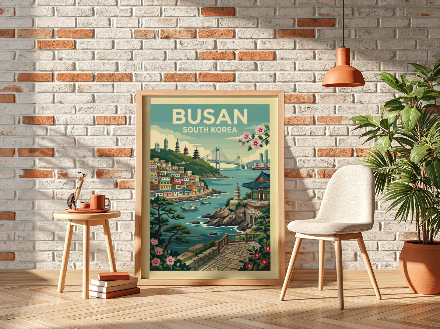 Busan South Korea travel poster featuring a colorful coastal city scene in a vintage art style.