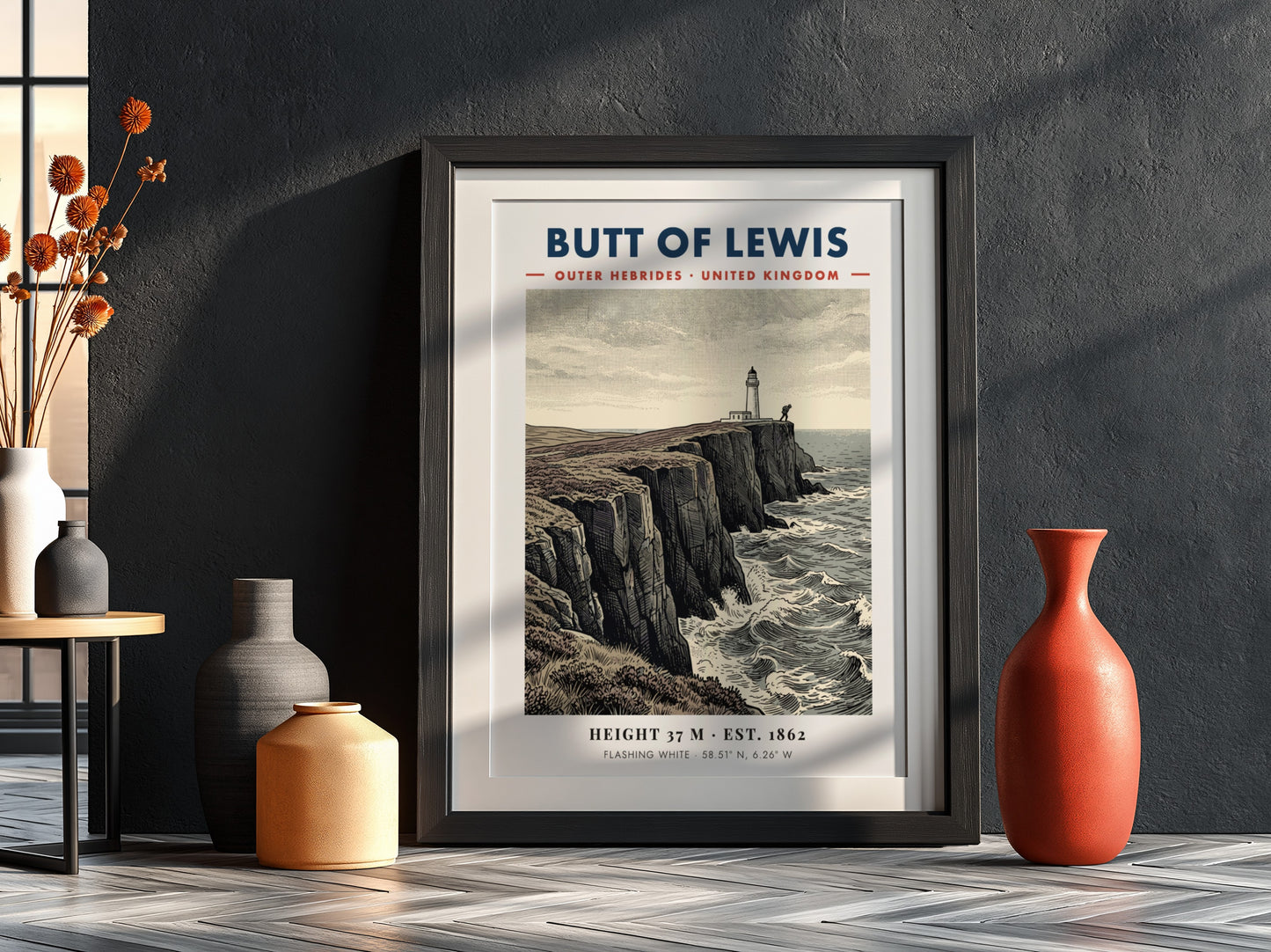 Poster of the Butt of Lewis lighthouse standing on rugged cliffs above sea waves.