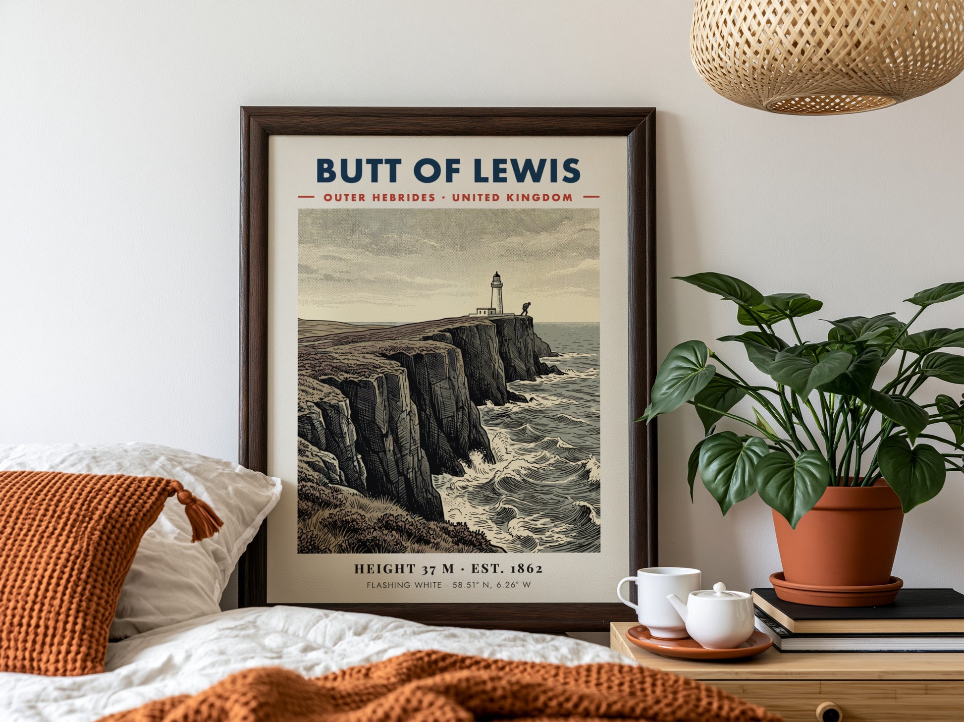 Poster of the Butt of Lewis lighthouse standing on rugged cliffs above sea waves.