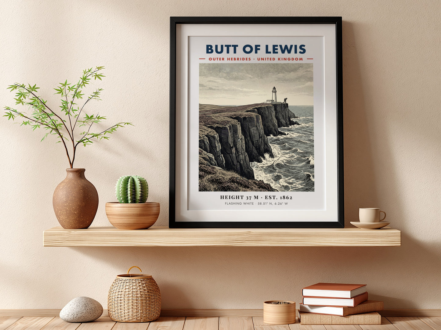 Poster of the Butt of Lewis lighthouse standing on rugged cliffs above sea waves.