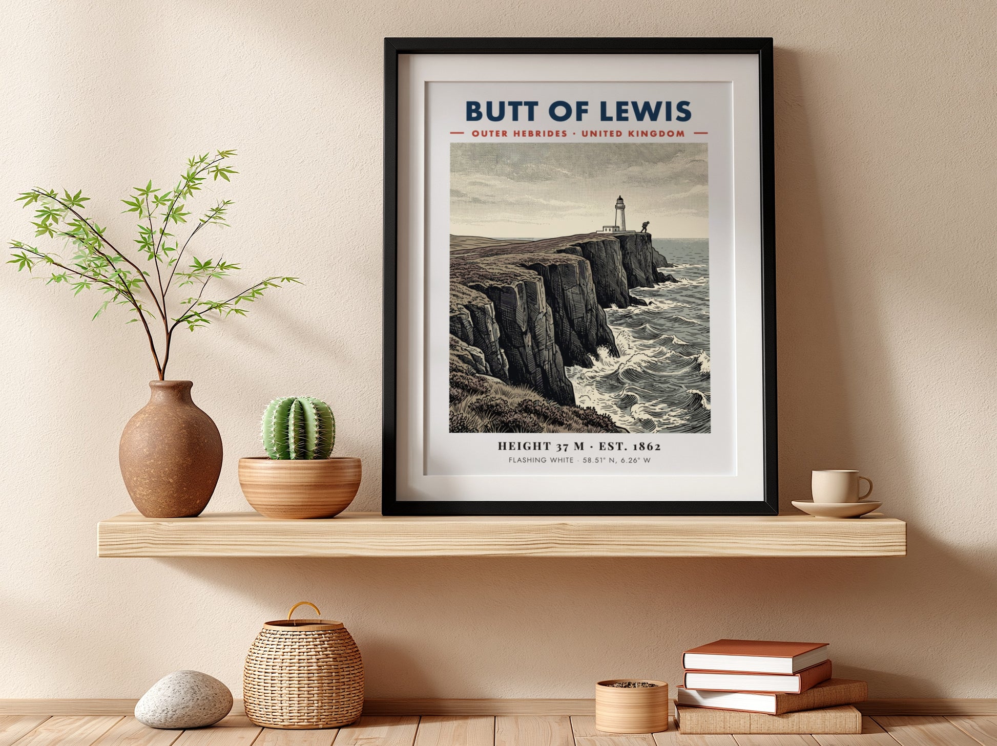 Poster of the Butt of Lewis lighthouse standing on rugged cliffs above sea waves.