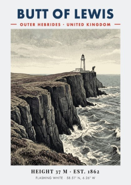 Poster of the Butt of Lewis lighthouse standing on rugged cliffs above sea waves.
