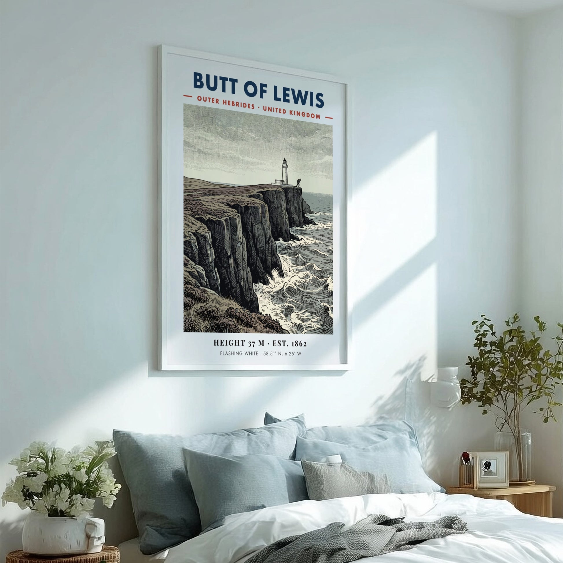 Poster of the Butt of Lewis lighthouse standing on rugged cliffs above sea waves.