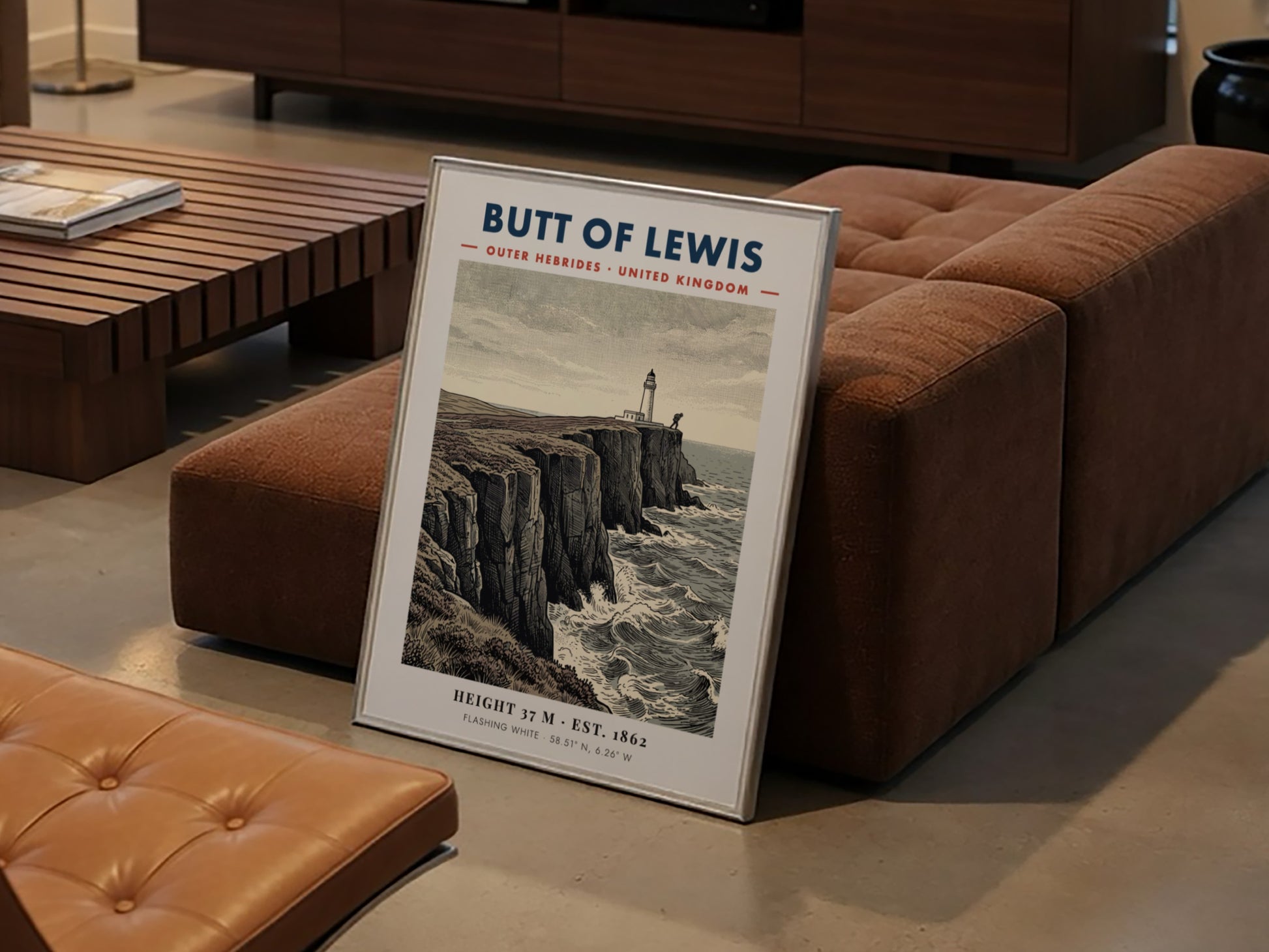 Poster of the Butt of Lewis lighthouse standing on rugged cliffs above sea waves.